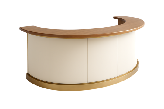 Modern Curved Reception Desk — Wood Veneer Counter with Cream Panels, Semi‑Circular Front Office Furniture Isolated
