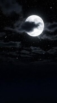 Full Moon Night Sky with Clouds and Stars - A bright full moon is partially obscured by dark clouds in a night sky filled with stars.