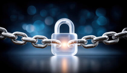 Secure translucent padlock with glowing core on metal chain symbolizing data security and strong protection against breaches in digital network