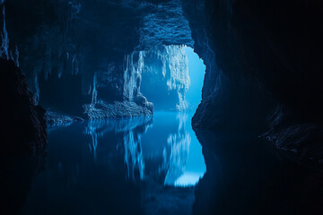 A deep cave opening into an underground river, reflecting eerie blue light