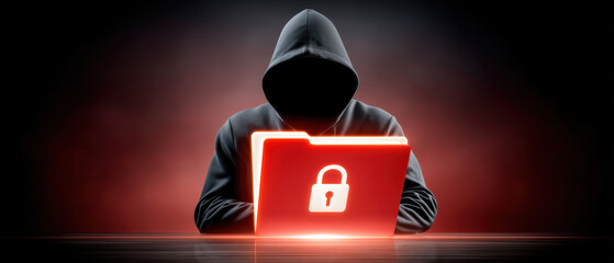 Masked hoodie figure at laptop with glowing lock icon conveys data security threat and cybercrime tension in dark environment