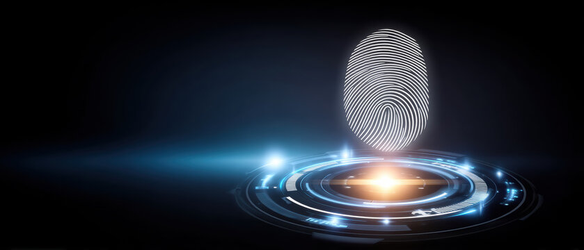 Futuristic biometric fingerprint scanning interface emphasizes data security and digital identity authentication glowing blue high tech environment