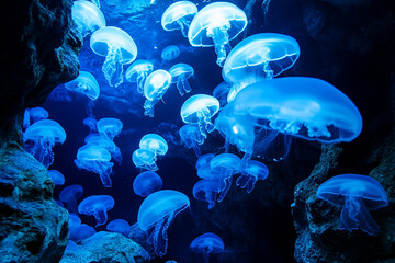 A deep cavern filled with floating, glowing jellyfish