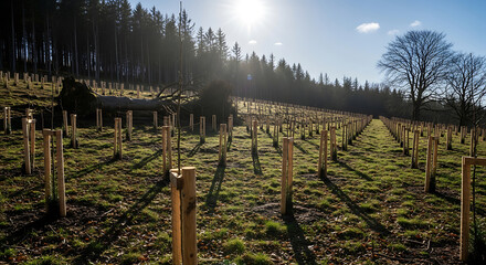 New tree plantation with protective tubes on a sunny hillside in ireland