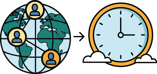 Global Collaboration and Time Management: Connecting People Across Time Zones for Efficient Remote Work, Illustrating International Business, Scheduling, and Project Coordination with a Modern, Clean