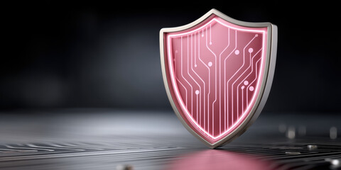Secure pink shield with circuit pattern data security concept glowing on dark circuit board