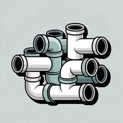 Plumbing Pipes in an Arrangement Showing Connection and Joining in Gray and White Outline Style Illustration