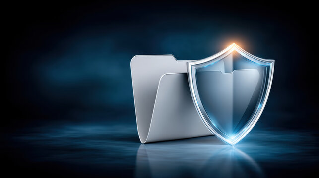 Secure data folder with glowing shield symbol protecting digital files and emphasizing data security and privacy in blue light atmosphere