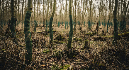 Atmospheric forest scene with bare trees, branches, and foliage in winter