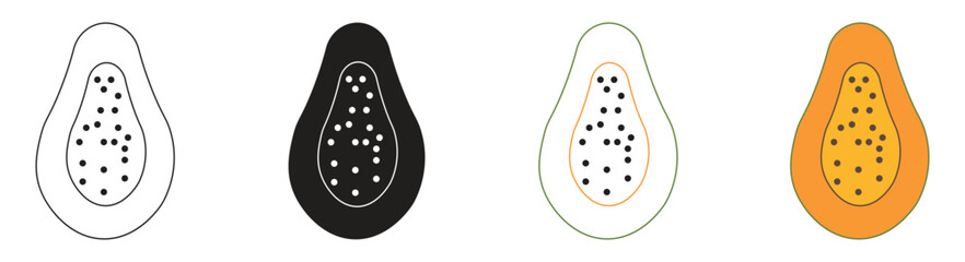 Half cut fresh raw papaya fruit icon set, ripe orange papaya symbol . Vector illustration.