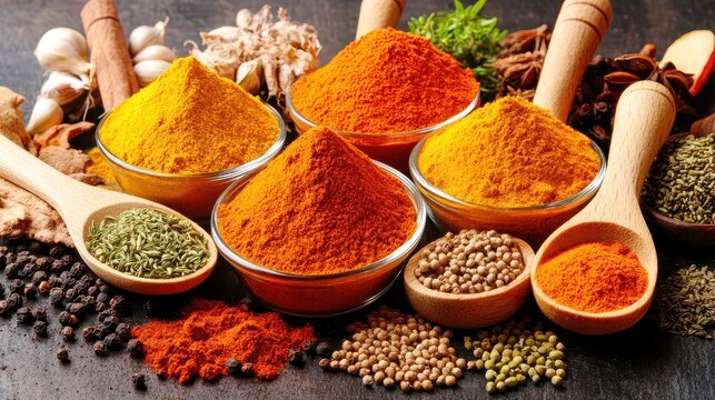 Assortment of spices and herbs in glass bowls on rustic surface