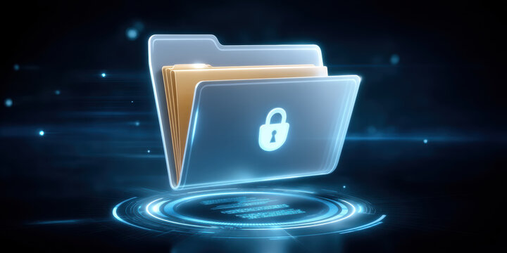 Secure digital folder glowing with lock icon illustrating data security and protected file access in futuristic holographic interface