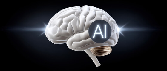 AI brain concept with data security glowing icon over realistic white brain against dark background conveying technology and protection