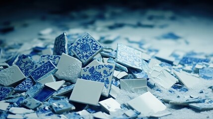 Broken ceramic tile fragments creating a blue tile pile