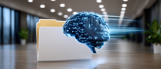 Smart artificial intelligence brain transferring data and ensuring security in digital file management with glowing circuit neural pathways
