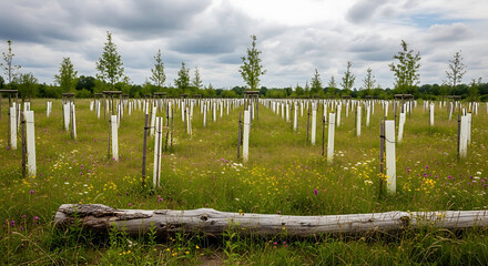 Young trees planted in a field, protected with plastic tubes, in summer