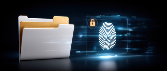 Secure digital folder with fingerprint authentication and data security protection glowing interface conveying privacy and access control