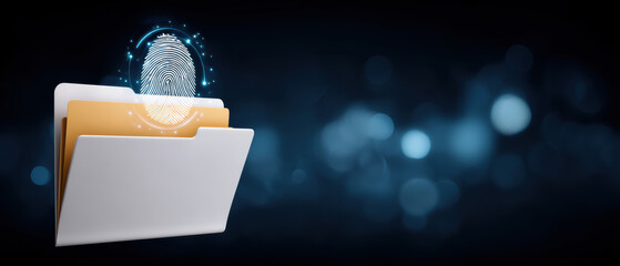 Secure folder with glowing fingerprint icon and data security concept protecting digital file access in dark background