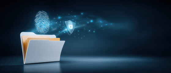 Secure digital folder with glowing fingerprint and shield icon data security protecting confidential files and personal information futuristic
