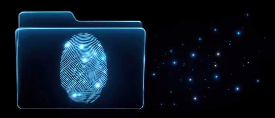 Glowing digital folder with biometric fingerprint and data security concept in blue futuristic style evoking protection and trust