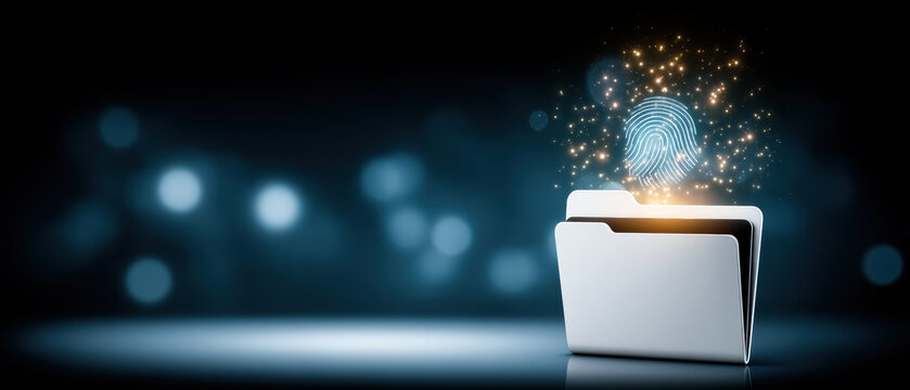 Digital folder data security concept with glowing fingerprint and sparkles indicating identity protection and encrypted access