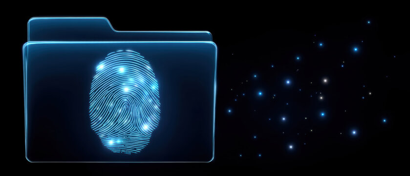 Glowing digital folder with biometric fingerprint and data security concept in blue futuristic style evoking protection and trust - Powered by Adobe