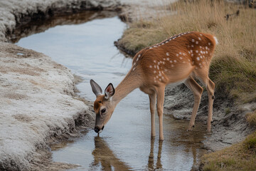 A deer drinking from a naturally warm stream in a geothermal area