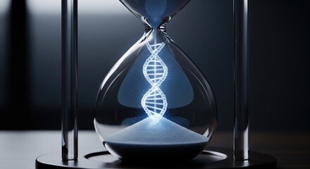 A futuristic hourglass displaying a glowing DNA strand, representing time and genetics.