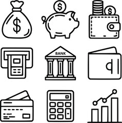 Financial Savings and Banking Outline Icon Set Dollar Bag, Piggy Bank, and Coin Stack Symbols