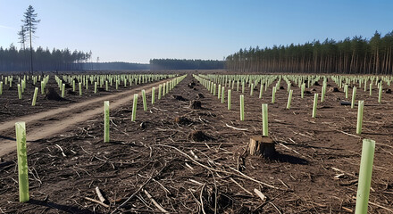Rows of newly planted trees in protective tubes stretch to the horizon