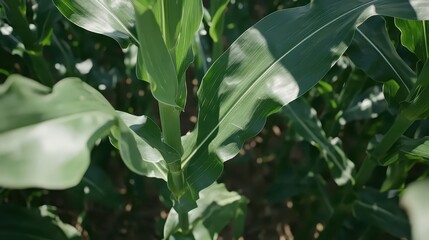Close Up of Maturing Green Corn Plant Leaves and Stem