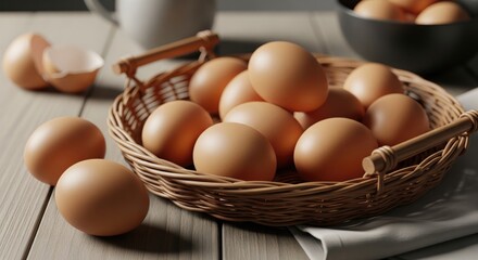 A rustic basket filled with fresh brown eggs on a wooden table, perfect for cooking.