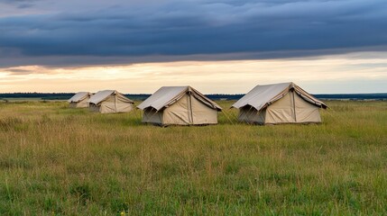 Canvas Tents Situated in a Green Field Under a Cloudy Sky