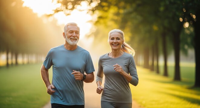 Active seniors jogging in a sunlit park, promoting health and vitality. - Powered by Adobe