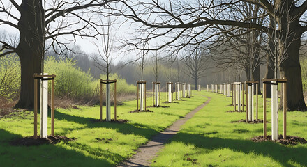 Path lined with newly planted trees in protective tubes on a sunny day