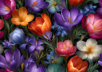 Naklejka premium Vibrant seamless pattern of multicolor crocus and tulip flowers with green foliage in red orange purple and blue hues for botanical textile design