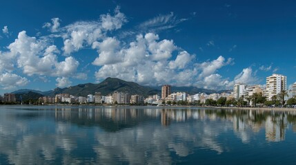 Obraz premium Serene view of a calm lake reflecting beautiful clouds and city buildings under a clear blue sky.