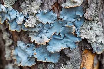 A close-up of delicate, crusty lichen in shades of blue and gray on tree bark