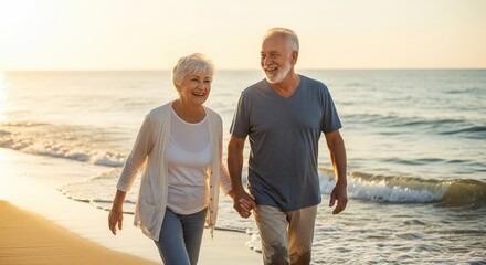Happy elderly couple walking hand in hand on a serene beach during sunset.