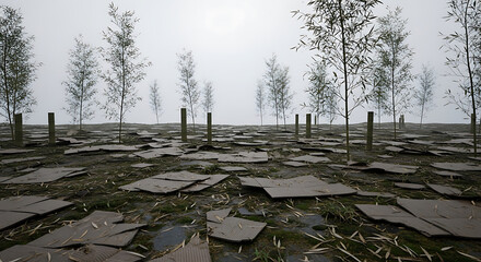 Gloomy forest floor with scattered stone tiles and sparse birch trees