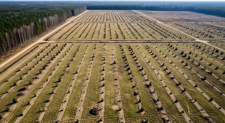 Aerial view of a tree nursery with rows of young trees in field