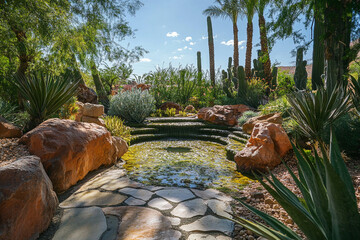 A desert spring surrounded by red rock formations and lush green plants