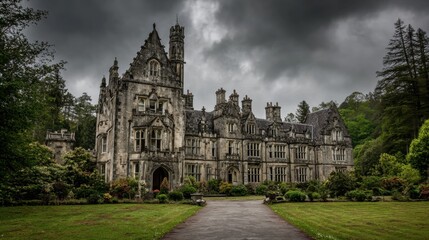 Obraz premium Gothic architecture of a grand mansion looms under dark clouds in a serene garden setting.