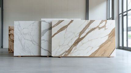 Exquisite marble slabs on display, showcasing their unique veining and textures, adding a touch of luxury. Large windows provide natural light. Ideal for interior design.