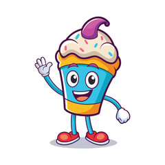 Cartoon Ice Cream Mascot Waving Brightly