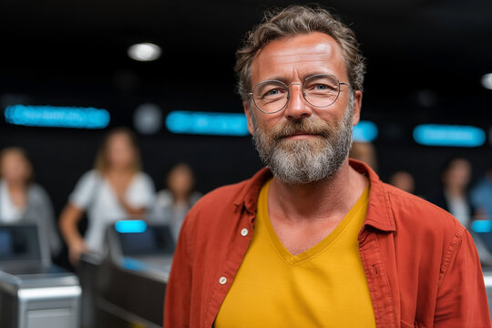 Confident man at subway entrance wearing glasses and smart casual outfit in modern metro station
