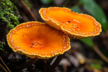 A close-up of vibrant orange cup fungi with soft velvet edges