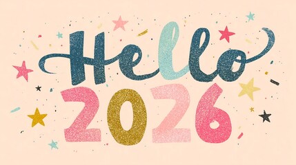 Playful "Hello 2026" Glitter Typography with Confetti