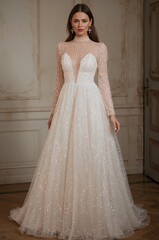 Fototapeta premium Elegant bride in shimmering beaded wedding gown illuminated by soft romantic lighting