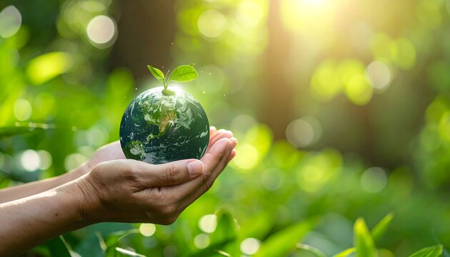 Hands holding globe on green nature forest background